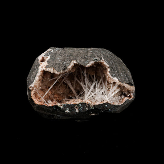 Scolecite Sprays Inside Heulandite Geode Natural Mineral Specimen # B…  https://www.superbminerals.us/products/scolecite-sprays-inside-heulandite-geode-natural-mineral-specimen-b-5264  Features: A geode contains milky white scolecite crystals on reddish heulandite matrix crystals. An unwanted piece of rock is removed by sawing. Primary Mineral(s): Scolecite Secondary Mineral(s): N/AMatrix: Heulandite 4 Inch x 4 InchWeight : 784 GmsLocality: Aurangabad, Maharashtra, India Year of Discovery: 2021