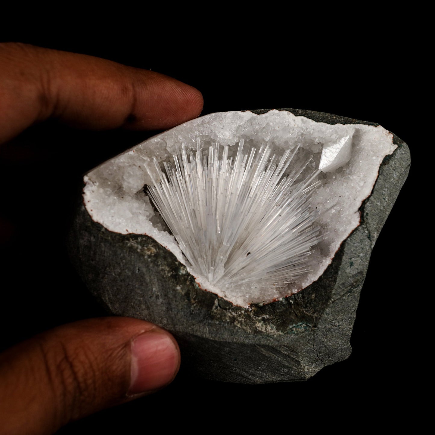 Scolecite Sprays Inside MM Quartz Geode Natural Mineral Specimen # B 5490 scolecite Superb Minerals