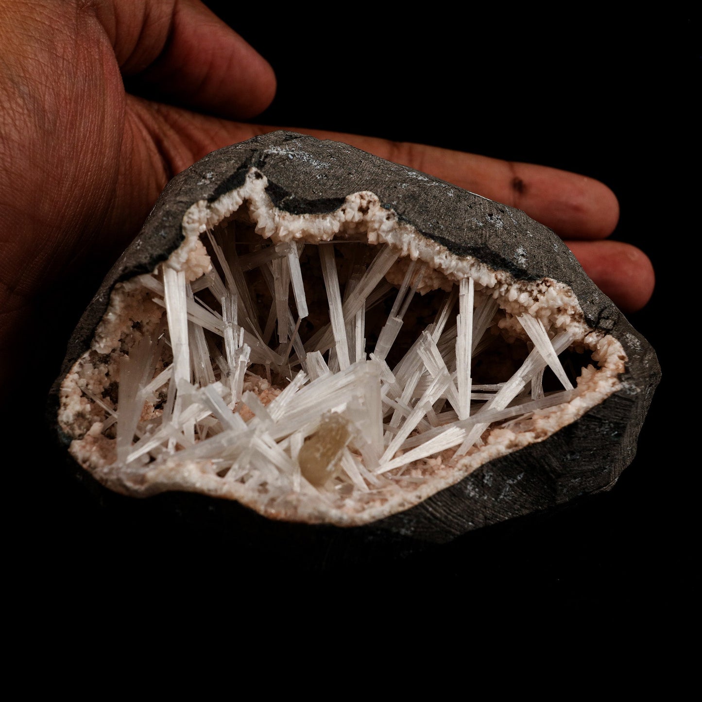 Scolecite Sprays Intergrown Inside Heulandite Geode Natural Mineral Sp… https://www.superbminerals.us/products/scolecite-sprays-intergrown-inside-heulandite-geode-natural-mineral-specimen-b-5108 Features: A lovely item with a geode lined with beige, glossy Heulandite crystals. The crystals have a pearly, almost glassy sheen and are highly defined. This item is glistening. Very good condition. Primary Mineral(s): Scolecite