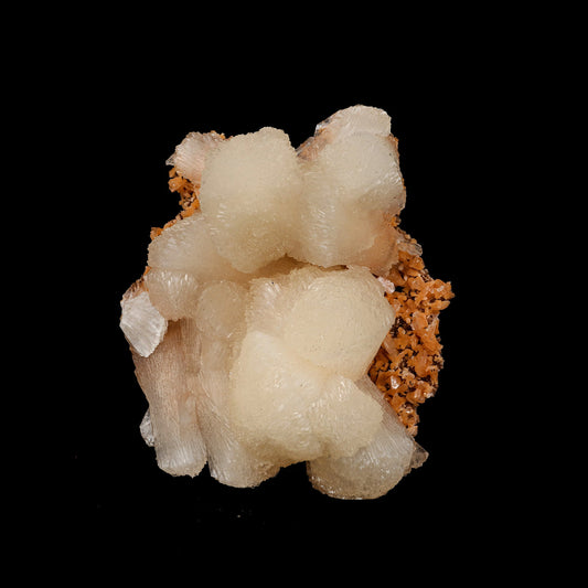 Stilbite Lusterous Cluster Natural Mineral Specimen # B 5251  https://www.superbminerals.us/products/stilbite-lusterous-cluster-natural-mineral-specimen-b-5251  Features: Featuring many excellent quality bladed groups of Stilbite in a soft white hue, resting over pearly stalactitic formations of peach colored Heulandite, this piece is a stunning example of the material. The sculpture is really flashy and three-dimensional, and I particularly like how the Stilbites