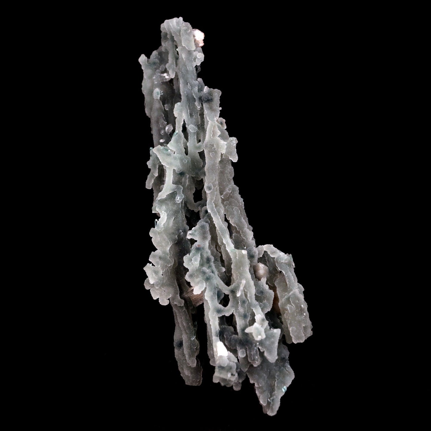 Stilbite on Chalcedony Coral Natural Mineral Specimen # B 4827 https://www.superbminerals.us/products/stilbite-on-chalcedony-coral-natural-mineral-specimen-b-4827 Features: Stalactites of drusy greenish-gray chalcedony dangle from a stunning corsage of iridescent, salmon-pink stilbite bowties. The matrix is highly sculptural.With only a few touched stalactite tips, this piece is essentially flawless and looks great from all angles!Outstanding huge Jalgaon combo