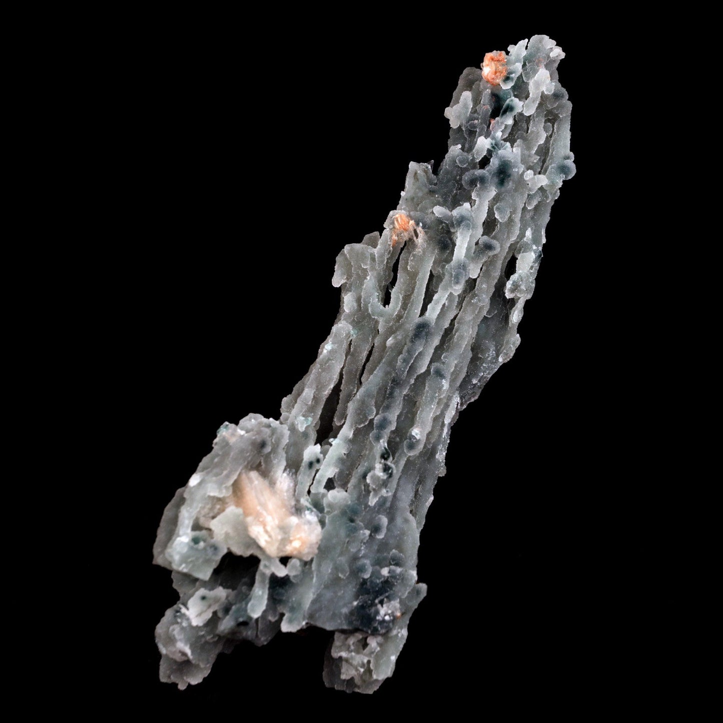 Stilbite on Chalcedony Coral Natural Mineral Specimen # B 4827 https://www.superbminerals.us/products/stilbite-on-chalcedony-coral-natural-mineral-specimen-b-4827 Features: Stalactites of drusy greenish-gray chalcedony dangle from a stunning corsage of iridescent, salmon-pink stilbite bowties. The matrix is highly sculptural.With only a few touched stalactite tips, this piece is essentially flawless and looks great from all angles!Outstanding huge Jalgaon combo