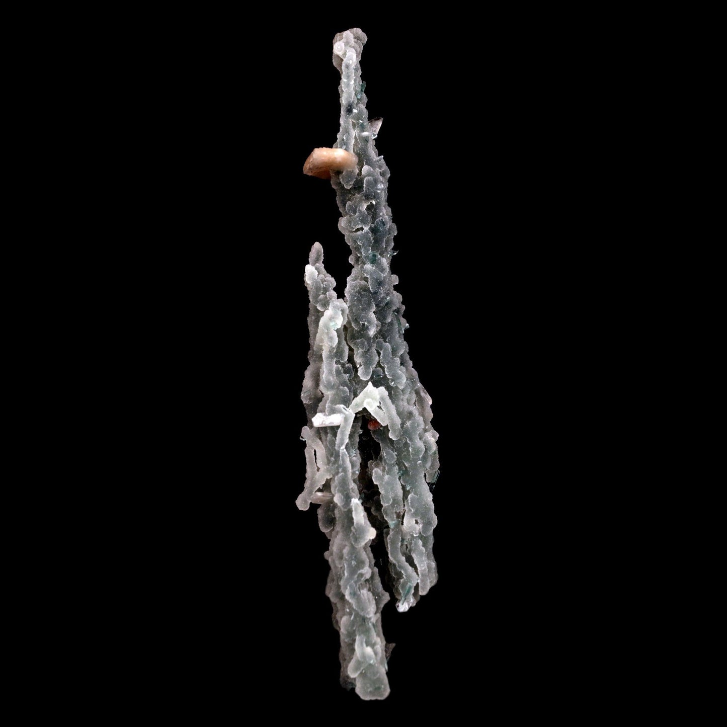 Stilbite on Chalcedony Stalactites Natural Mineral Specimen # B 4828 https://www.superbminerals.us/products/stilbite-on-chalcedony-stalactites-natural-mineral-specimen-b-4828 Features: Stalactites of drusy greenish-gray chalcedony dangle from a stunning corsage of iridescent, salmon-pink stilbite bowties. The matrix is highly sculptural.With only a few touched stalactite tips, this piece is essentially flawless and looks great from all angles!Outstanding huge Jalgaon combo