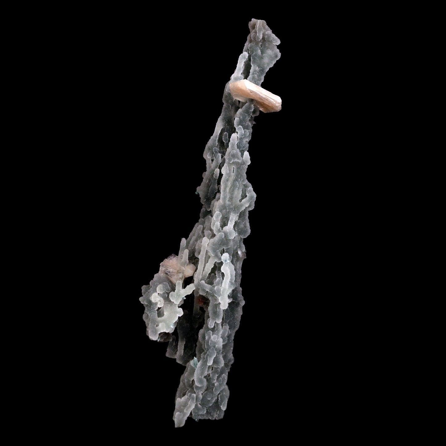 Stilbite on Chalcedony Stalactites Natural Mineral Specimen # B 4828 https://www.superbminerals.us/products/stilbite-on-chalcedony-stalactites-natural-mineral-specimen-b-4828 Features: Stalactites of drusy greenish-gray chalcedony dangle from a stunning corsage of iridescent, salmon-pink stilbite bowties. The matrix is highly sculptural.With only a few touched stalactite tips, this piece is essentially flawless and looks great from all angles!Outstanding huge Jalgaon combo