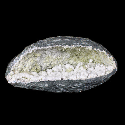 Rare Okenite Puffballs with Quartz & Chalcedony in Large Geode – Old School Mumbai, Natural Mineral Specimen# B 7175