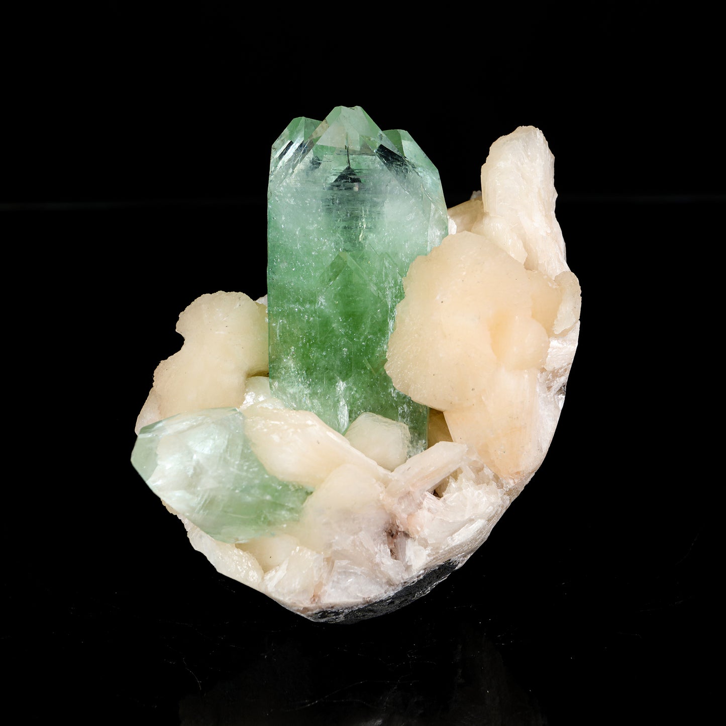Green Apophyllite Crystal with Peach Stilbite - Madhya Pradesh Mineral Specimen # B 7213