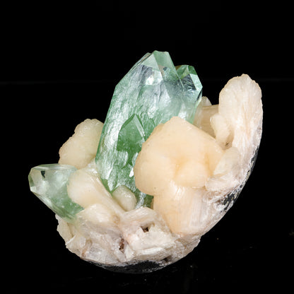 Green Apophyllite Crystal with Peach Stilbite - Madhya Pradesh Mineral Specimen # B 7213