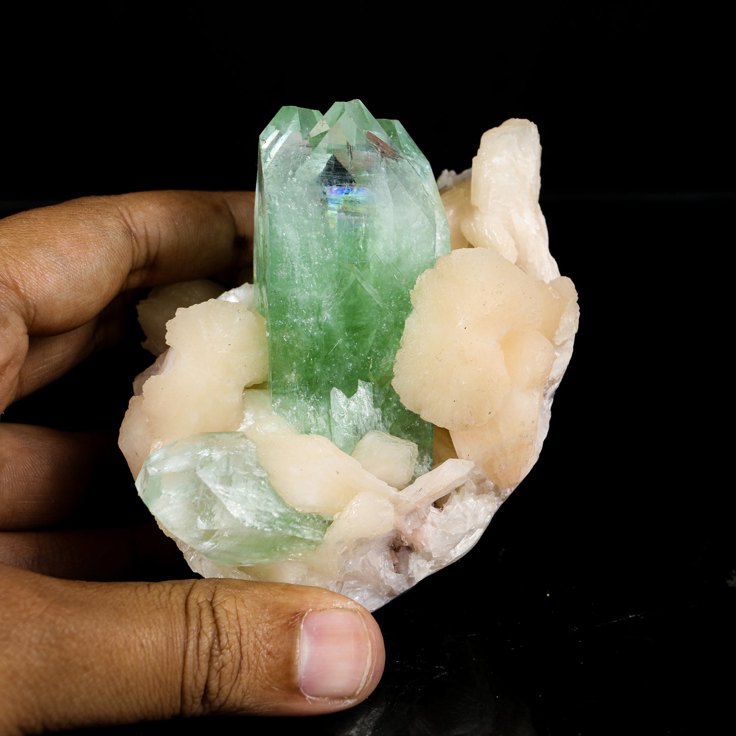 Green Apophyllite Crystal with Peach Stilbite - Madhya Pradesh Mineral Specimen # B 7213