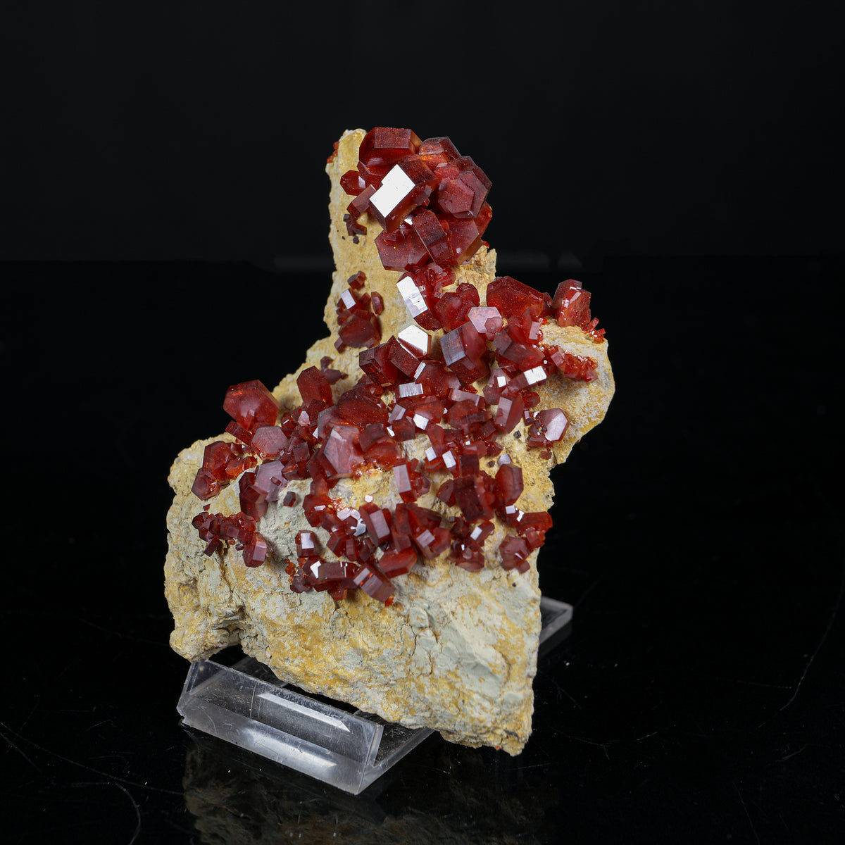 Lustrous Deep Red-Orange Vanadinite Crystals on Natural Matrix - Classic Collector Specimen from Mibladen, Morocco # B 7222