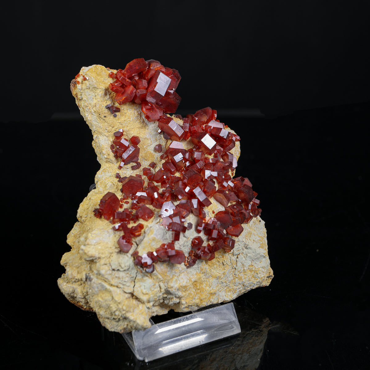 Lustrous Deep Red-Orange Vanadinite Crystals on Natural Matrix - Classic Collector Specimen from Mibladen, Morocco # B 7222