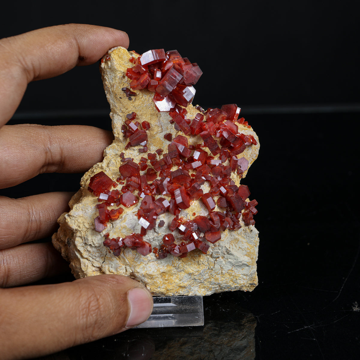 Lustrous Deep Red-Orange Vanadinite Crystals on Natural Matrix - Classic Collector Specimen from Mibladen, Morocco # B 7222