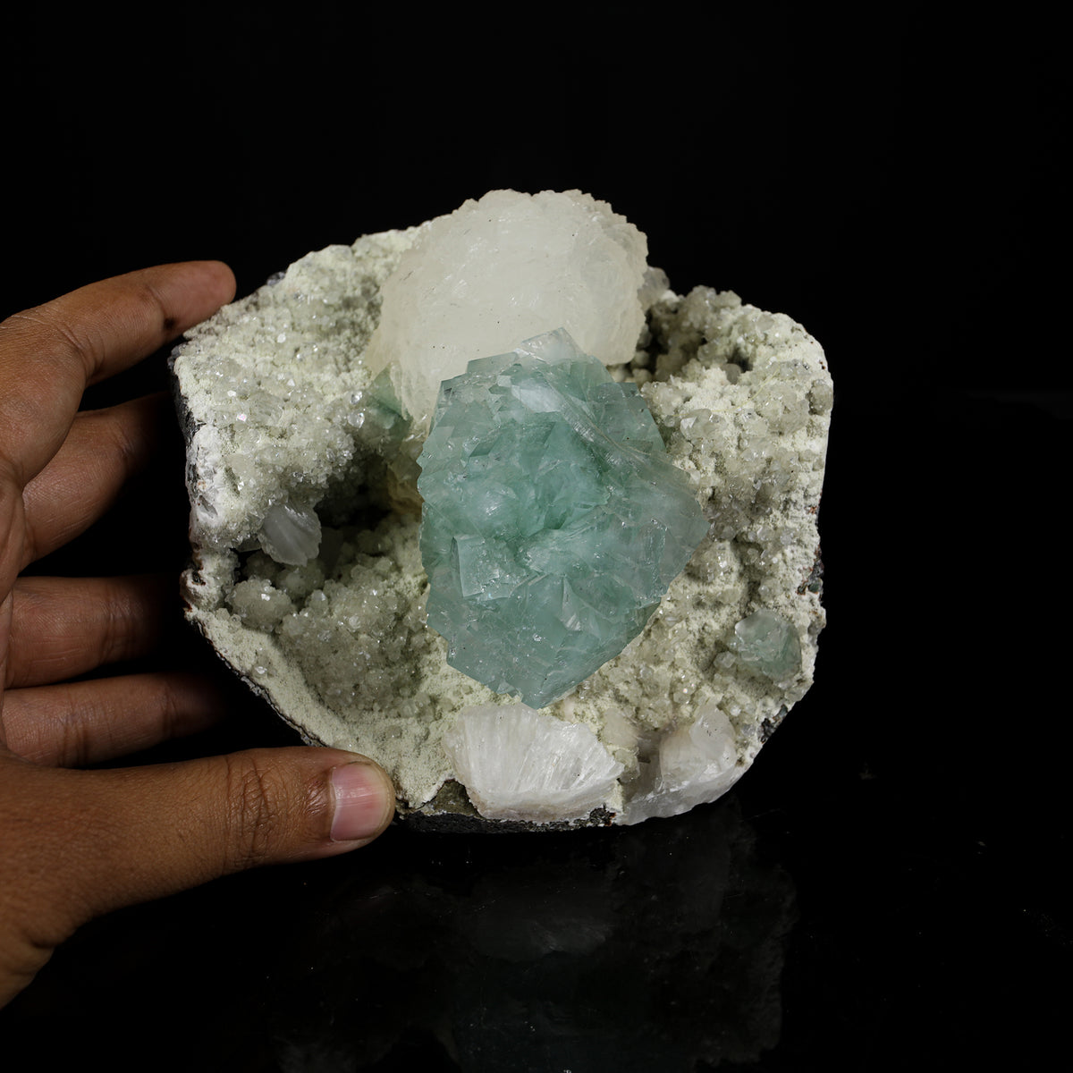 Lustrous Mint Green Apophyllite Cluster with Stilbite - Collector’s Specimen from Pune, Maharashtra # B 7223