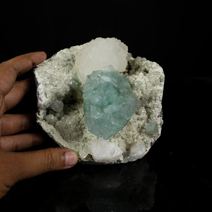 Lustrous Mint Green Apophyllite Cluster with Stilbite - Collector’s Specimen from Pune, Maharashtra # B 7223