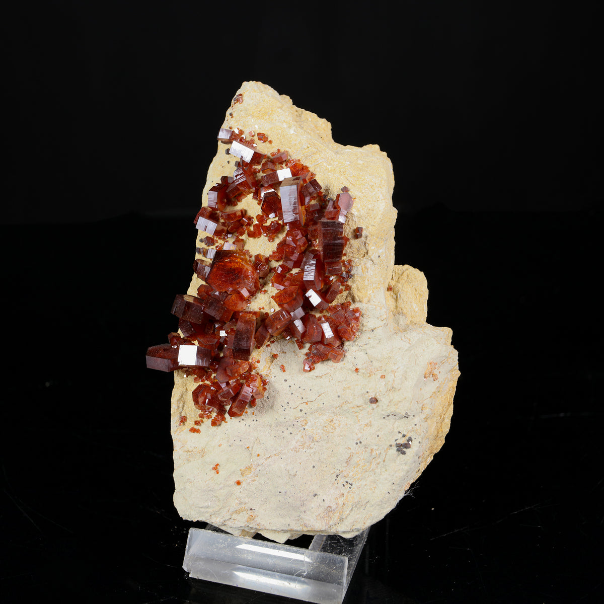 Lustrous Deep Red-Orange Vanadinite Crystals on Natural Matrix - Classic Collector Specimen from Mibladen, Morocco # B 7227