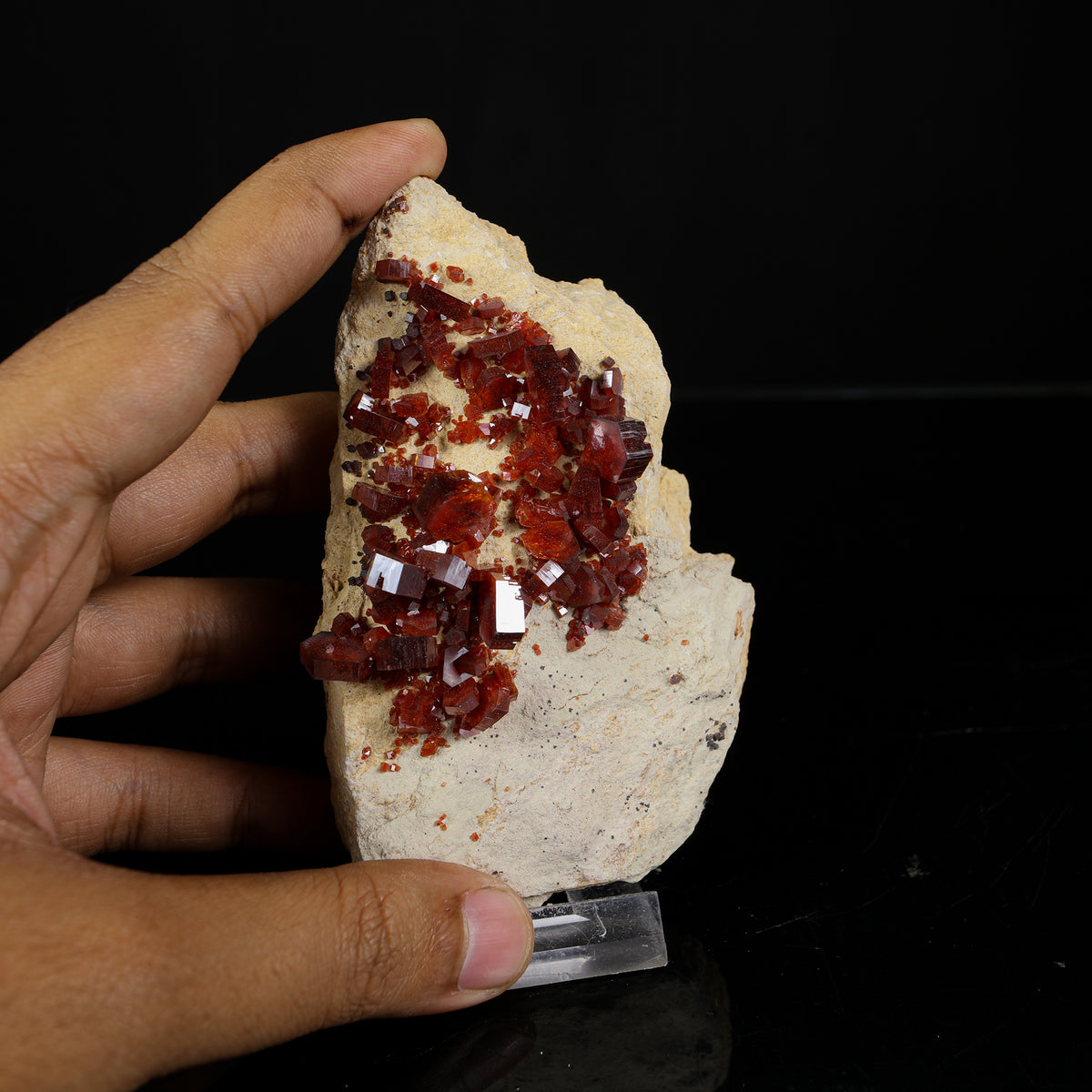 Lustrous Deep Red-Orange Vanadinite Crystals on Natural Matrix - Classic Collector Specimen from Mibladen, Morocco # B 7227