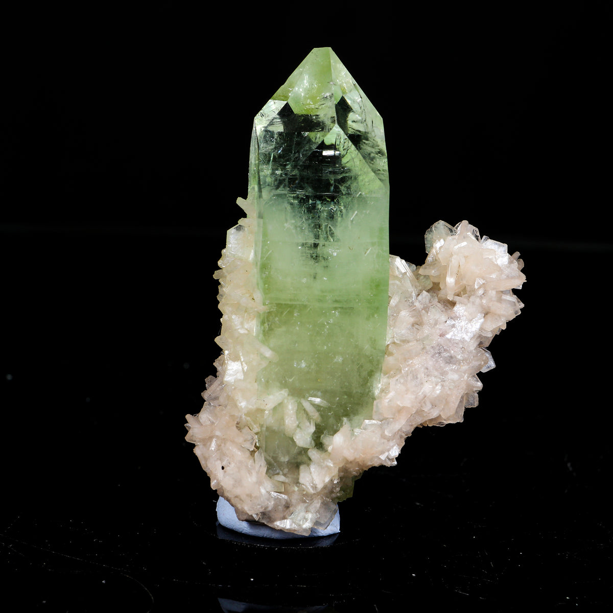 Prismatic Gemmy Sharp Terminated Green Apophyllite Crystal Wrapped in Peach Stilbite - Collector’s Cabinet Specimen # B 7251