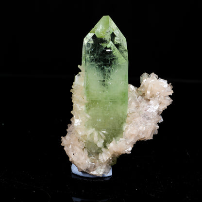 Prismatic Gemmy Sharp Terminated Green Apophyllite Crystal Wrapped in Peach Stilbite - Collector’s Cabinet Specimen # B 7251