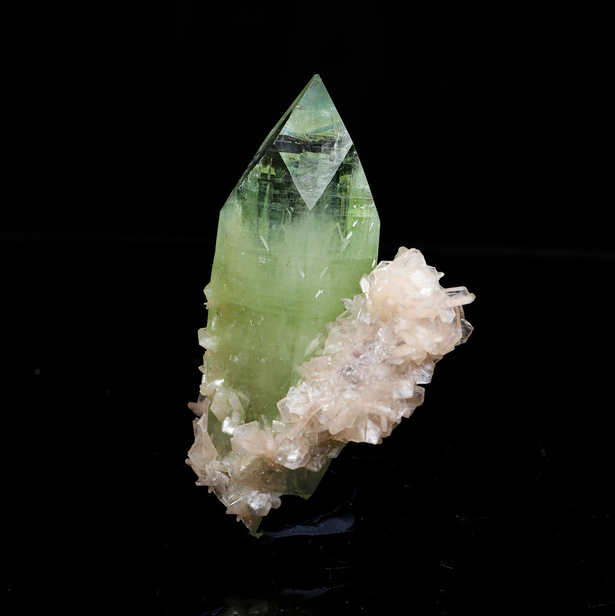 Prismatic Gemmy Sharp Terminated Green Apophyllite Crystal Wrapped in Peach Stilbite - Collector’s Cabinet Specimen # B 7251