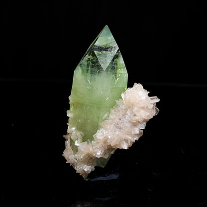 Prismatic Gemmy Sharp Terminated Green Apophyllite Crystal Wrapped in Peach Stilbite - Collector’s Cabinet Specimen # B 7251