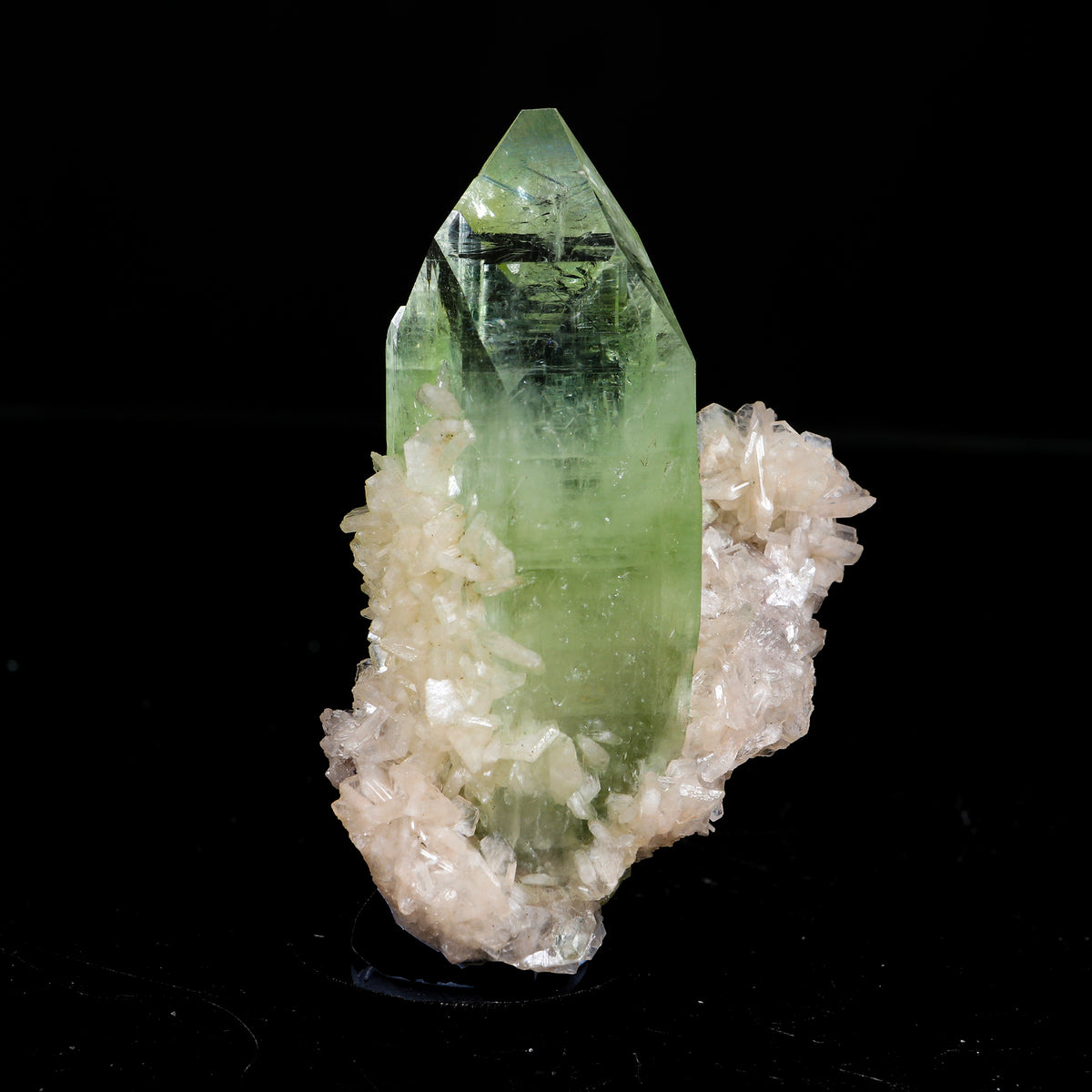 Prismatic Gemmy Sharp Terminated Green Apophyllite Crystal Wrapped in Peach Stilbite - Collector’s Cabinet Specimen # B 7251