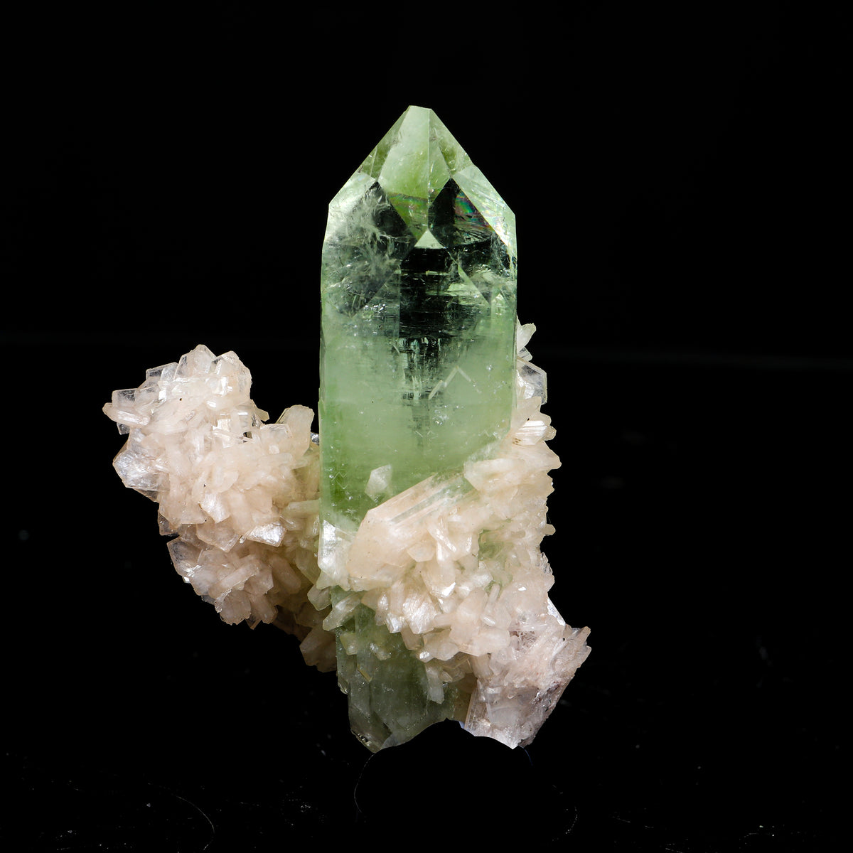 Prismatic Gemmy Sharp Terminated Green Apophyllite Crystal Wrapped in Peach Stilbite - Collector’s Cabinet Specimen # B 7251
