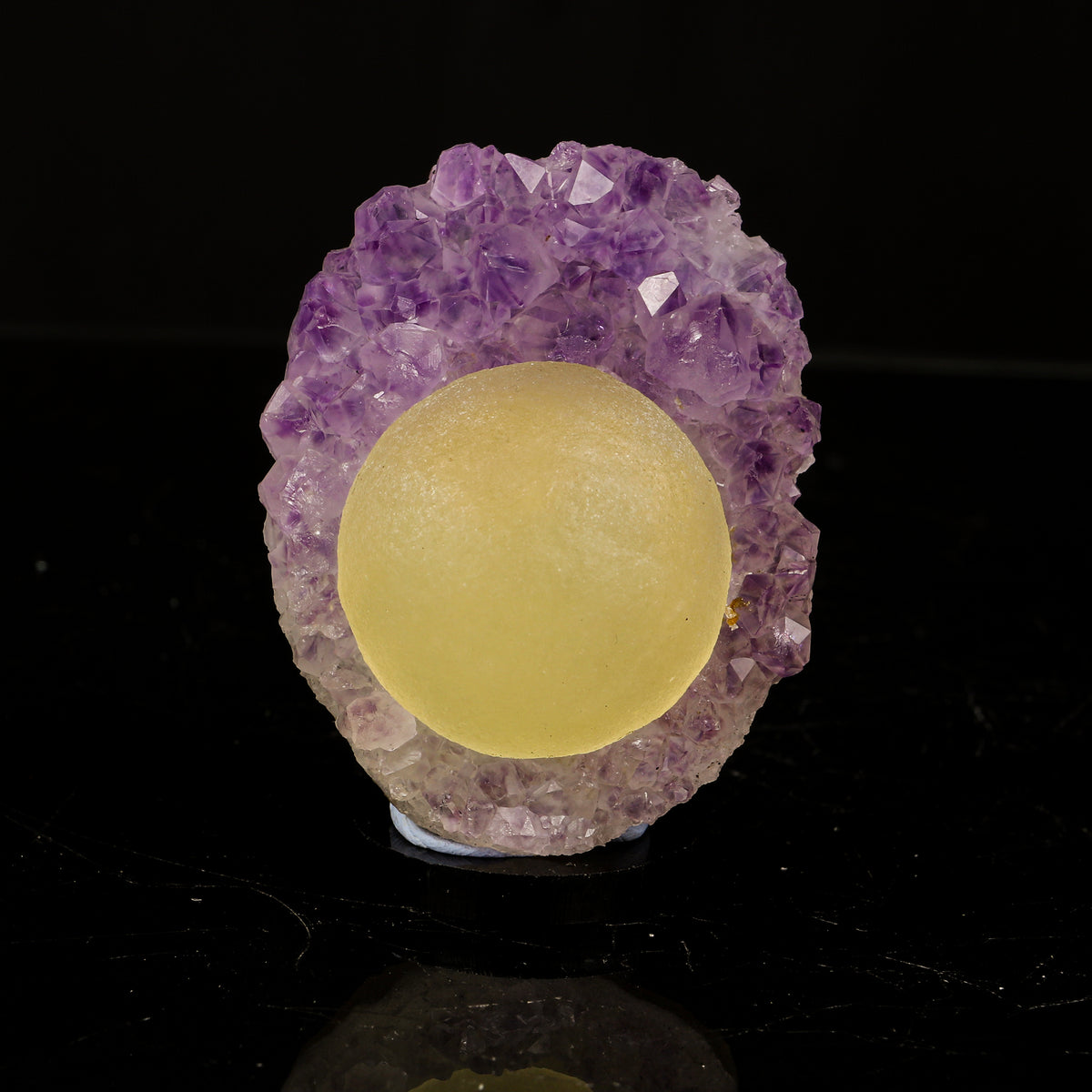 Rare Gemmy Yellow Botryoidal Fluorite Orb Centered on Vibrant Purple Amethyst Cluster - Collector’s Cabinet Specimen # B 7252