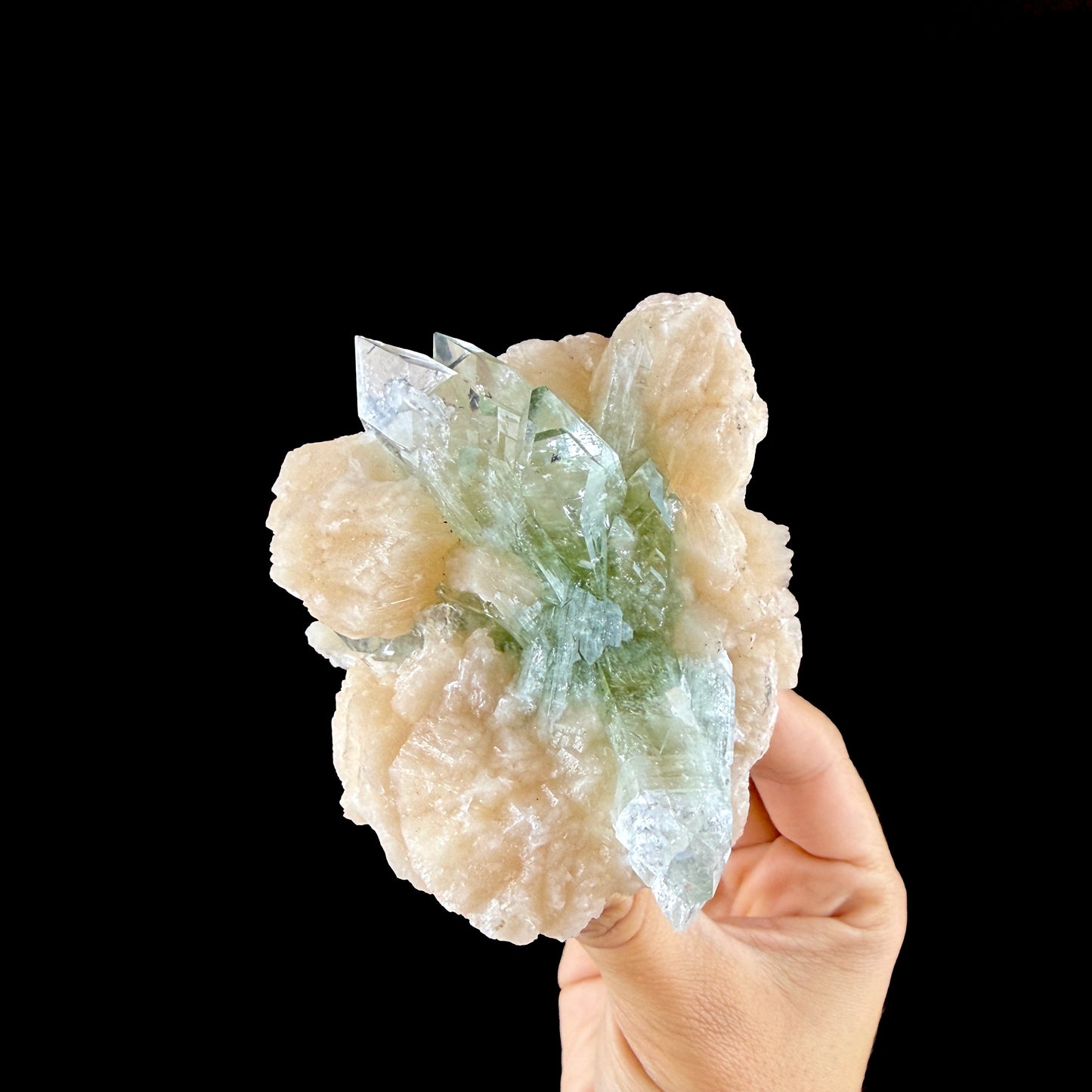 Lustrous Green Apophyllite Points on Stilbite Matrix - Natural Indian Zeolite from Jalgaon # DKT149