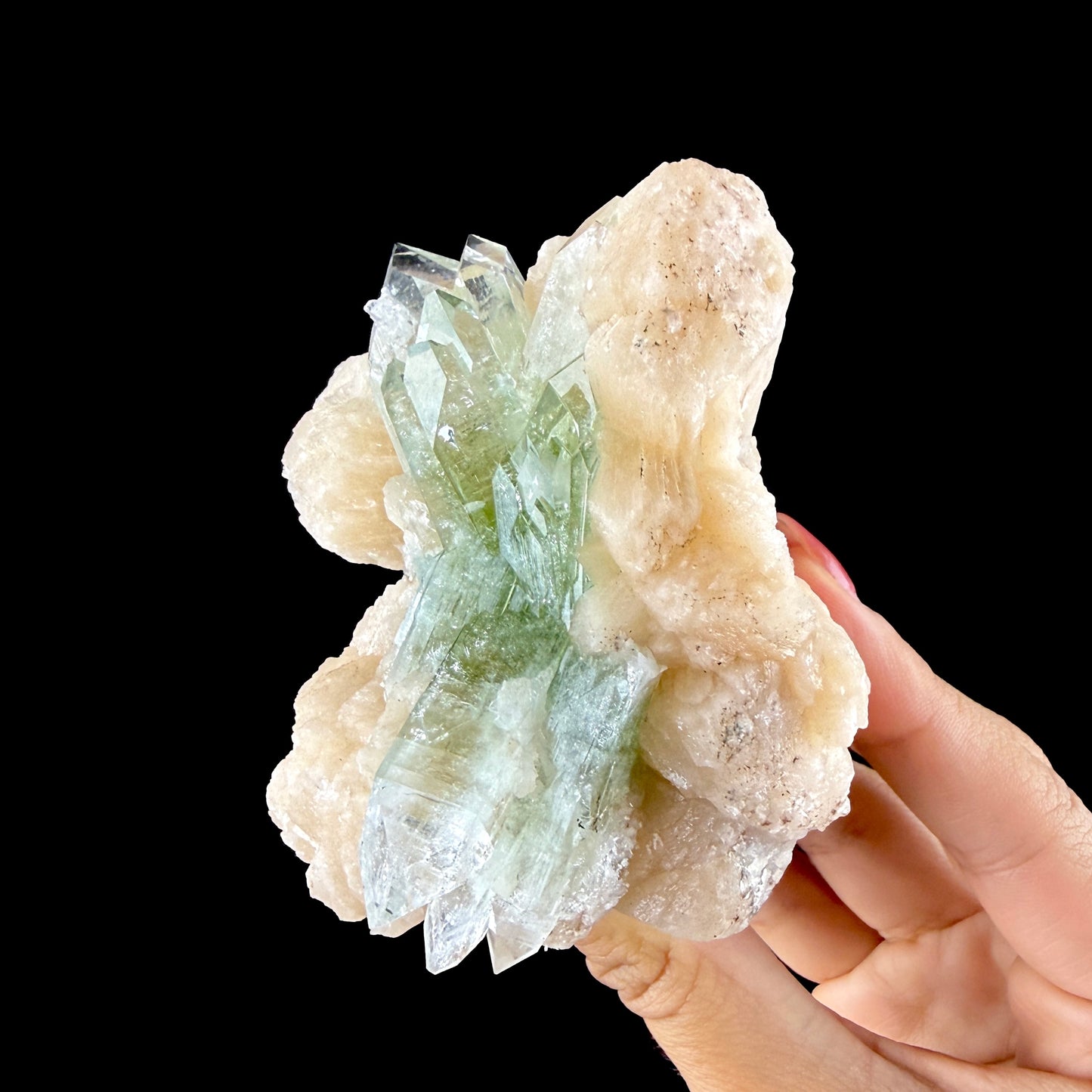 Lustrous Green Apophyllite Points on Stilbite Matrix - Natural Indian Zeolite from Jalgaon # DKT149