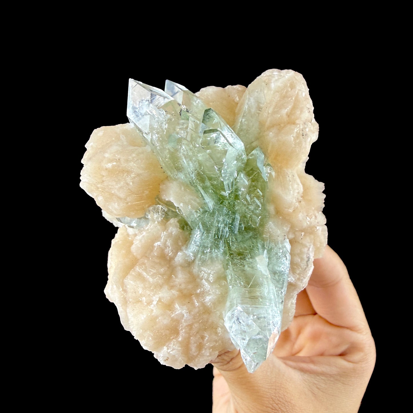 Lustrous Green Apophyllite Points on Stilbite Matrix - Natural Indian Zeolite from Jalgaon # DKT149