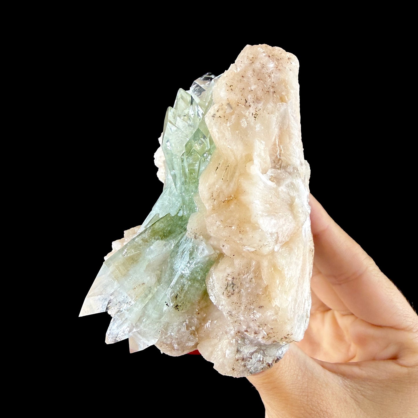 Lustrous Green Apophyllite Points on Stilbite Matrix - Natural Indian Zeolite from Jalgaon # DKT149