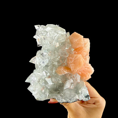 Lustrous Apophyllite Pyramid Cluster on Peach Stilbite - Natural Indian Zeolite from Jalgaon # DKT150