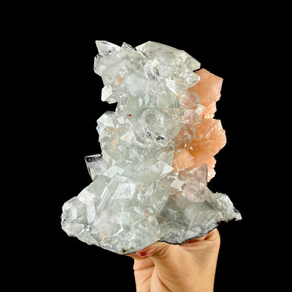 Lustrous Apophyllite Pyramid Cluster on Peach Stilbite - Natural Indian Zeolite from Jalgaon # DKT150