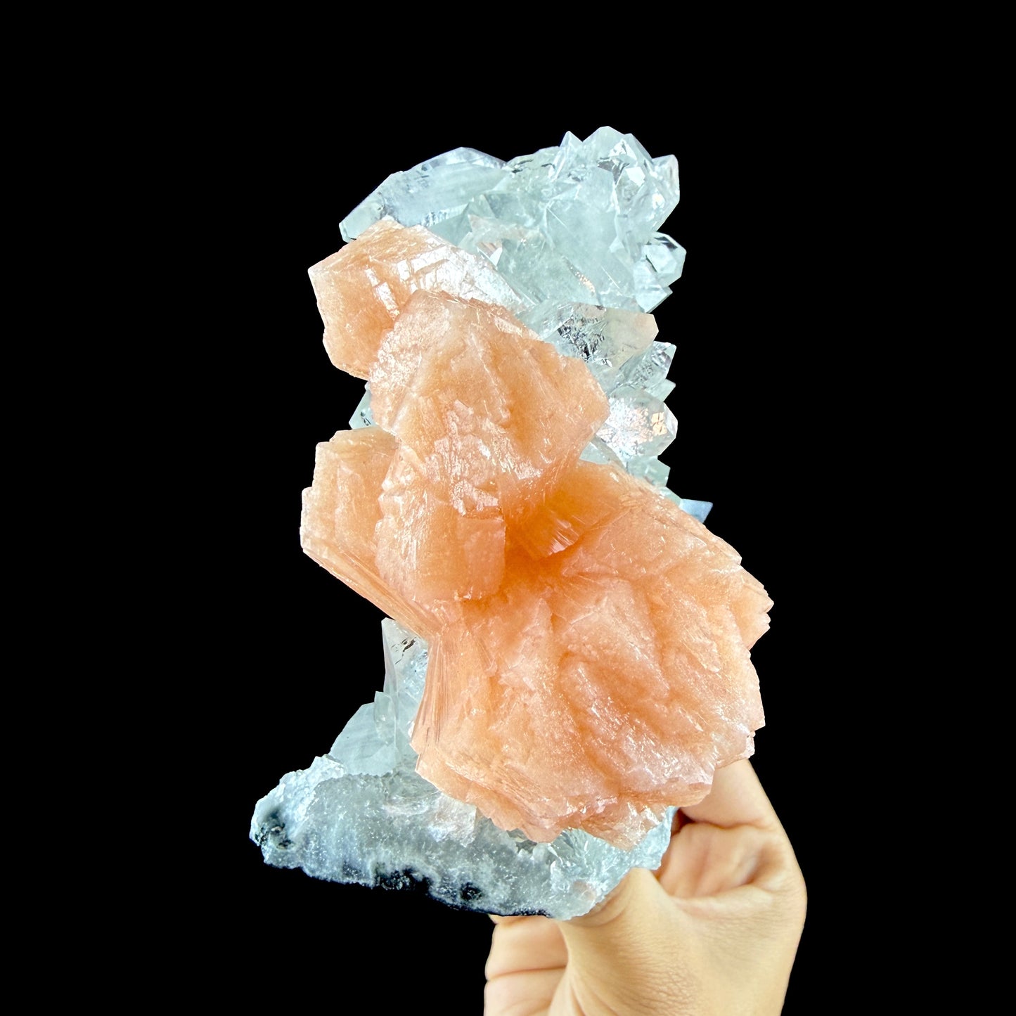 Lustrous Apophyllite Pyramid Cluster on Peach Stilbite - Natural Indian Zeolite from Jalgaon # DKT150