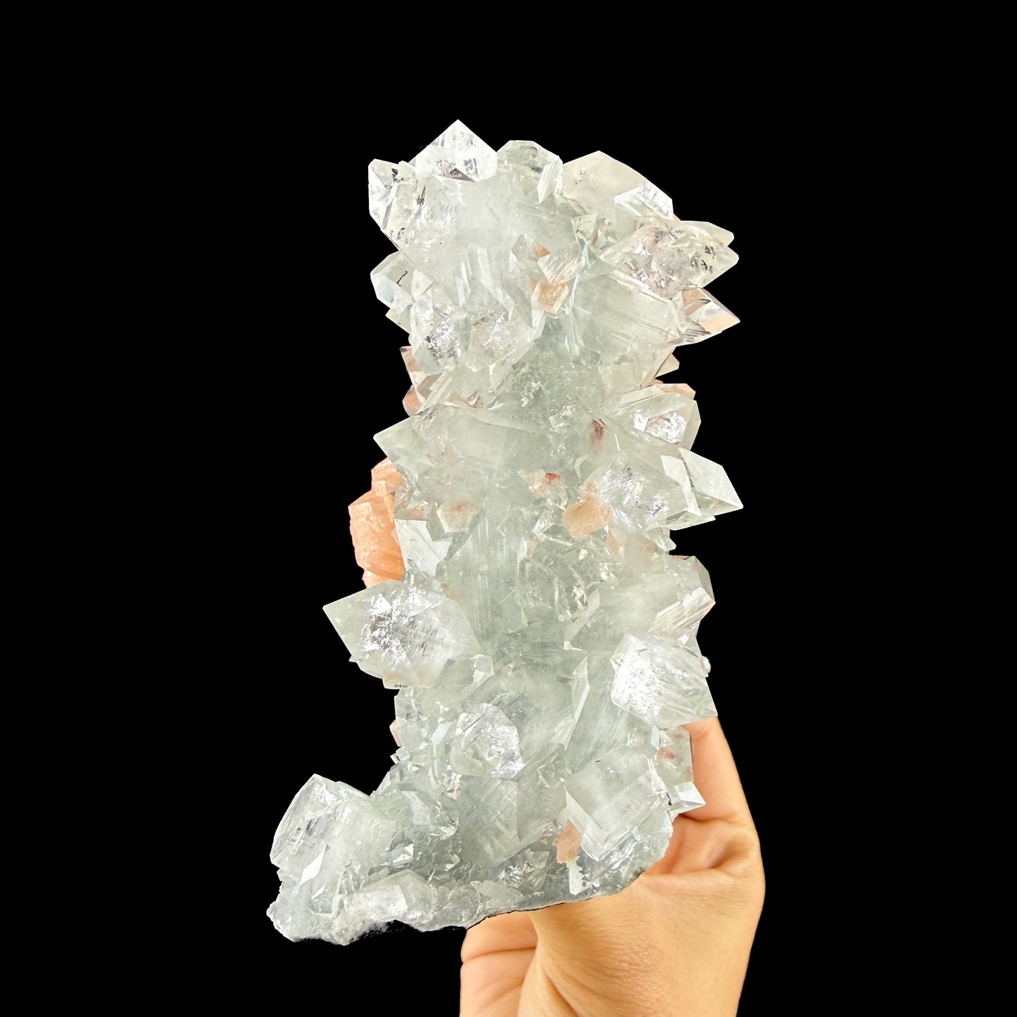 Lustrous Apophyllite Pyramid Cluster on Peach Stilbite - Natural Indian Zeolite from Jalgaon # DKT150