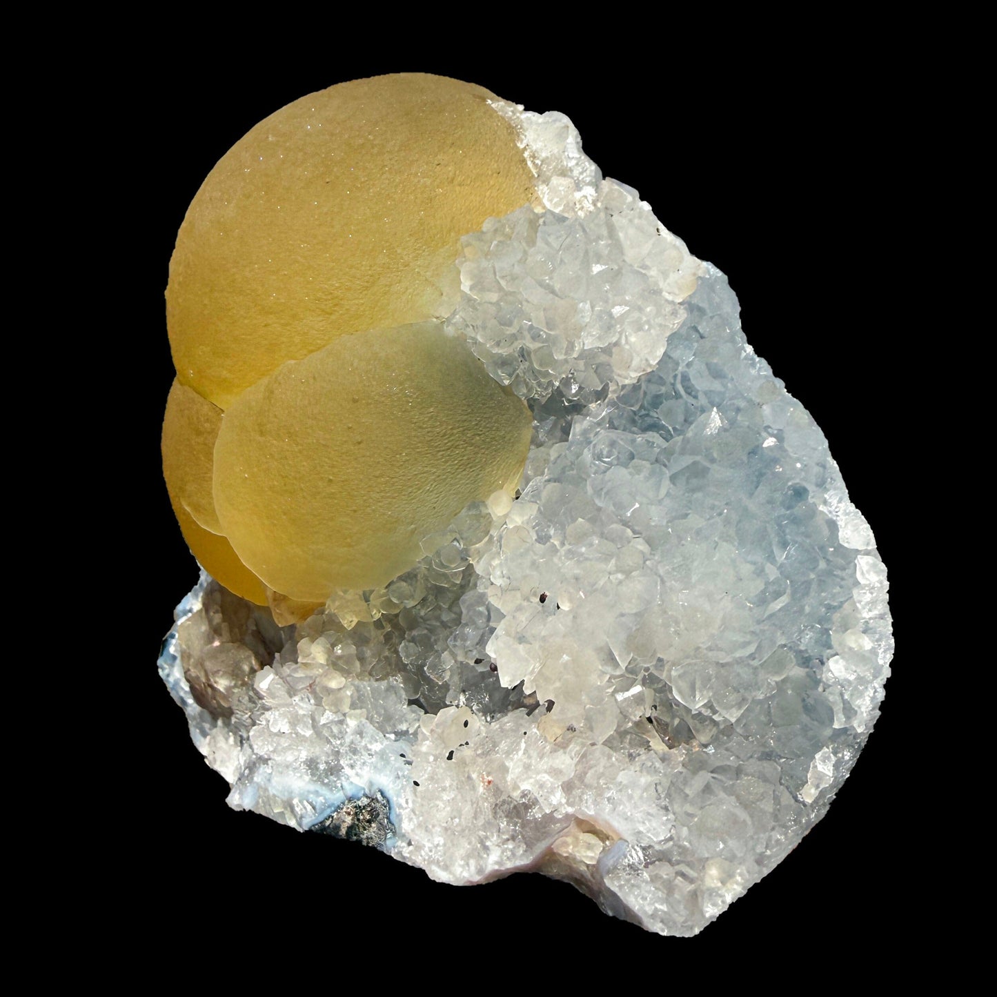 Botryoidal Yellow Fluorite Cluster on Quartz Matrix – Indian Mineral Specimen from Nashik # DKT100 Fluorite Superb Minerals 