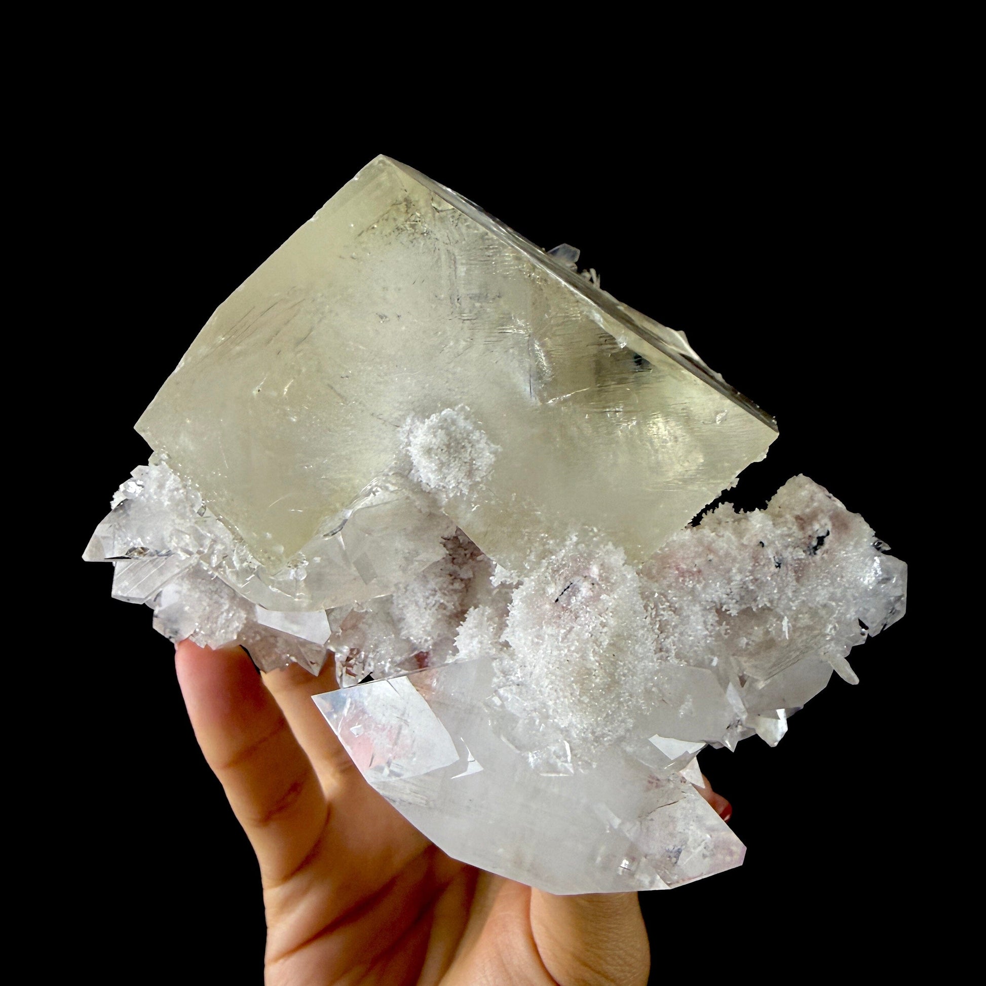 Calcite Cluster with Fluorapophyllite on Shimmering Chalcedony Matrix – Rare Indian Mineral Specimen from Jalgaon DKT130 Calcite Superb Minerals 