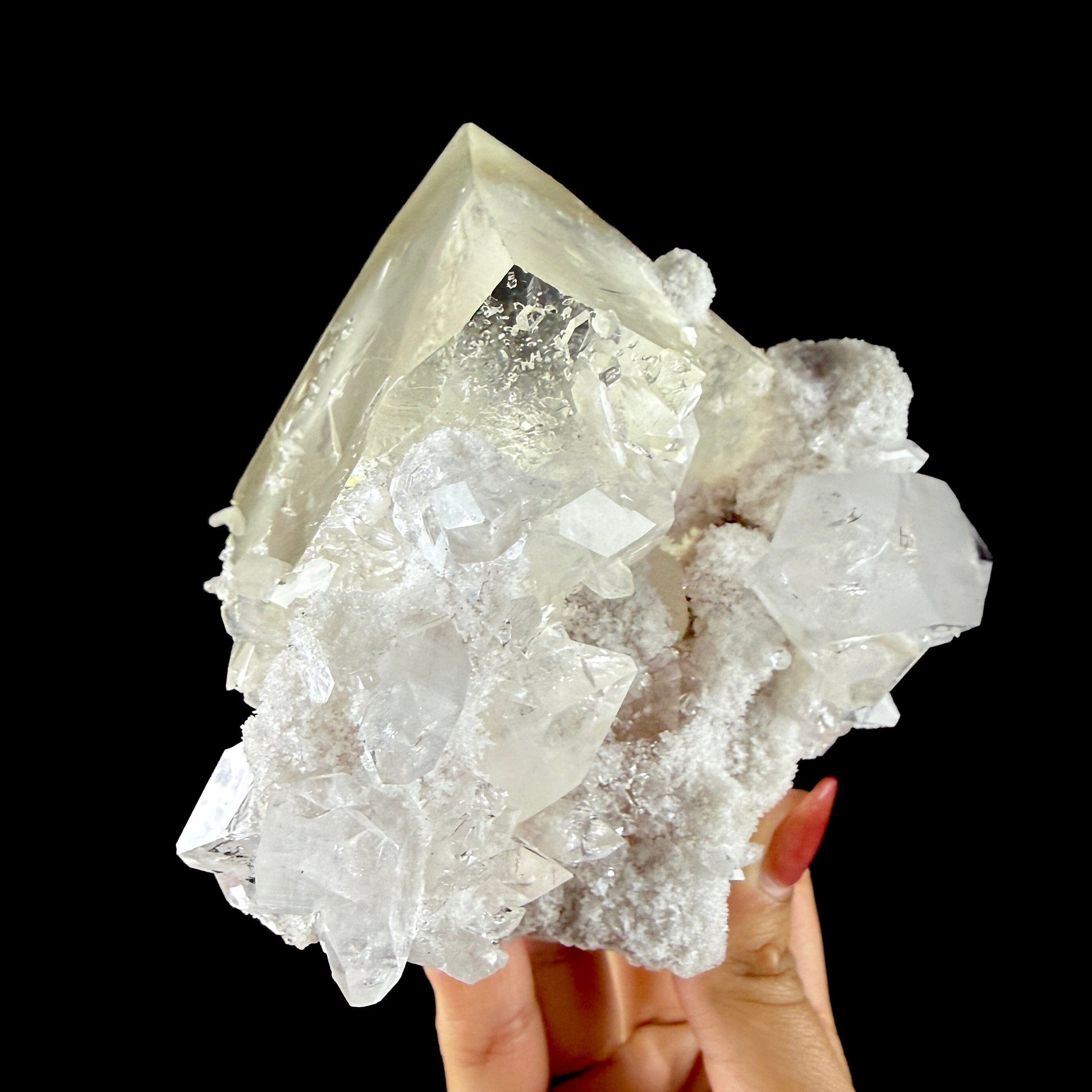 Calcite Cluster with Fluorapophyllite on Shimmering Chalcedony Matrix – Rare Indian Mineral Specimen from Jalgaon DKT130 Calcite Superb Minerals 