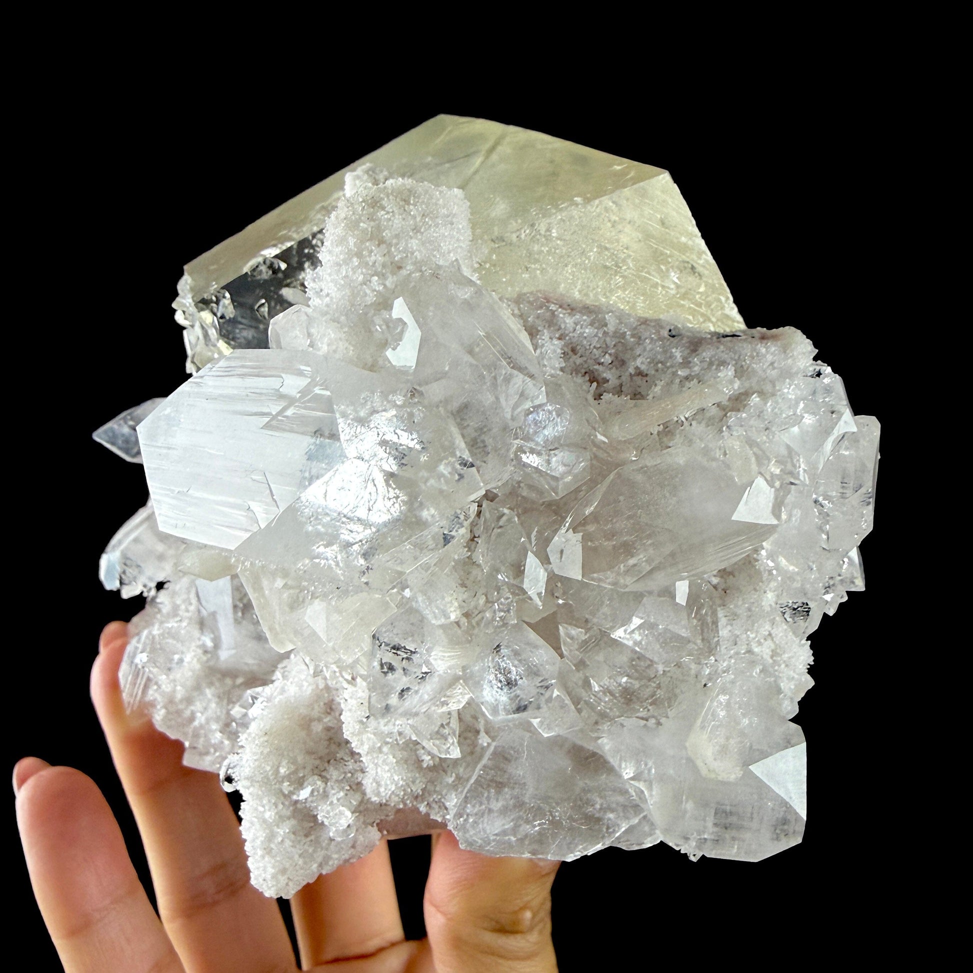 Calcite Cluster with Fluorapophyllite on Shimmering Chalcedony Matrix – Rare Indian Mineral Specimen from Jalgaon DKT130 Calcite Superb Minerals 