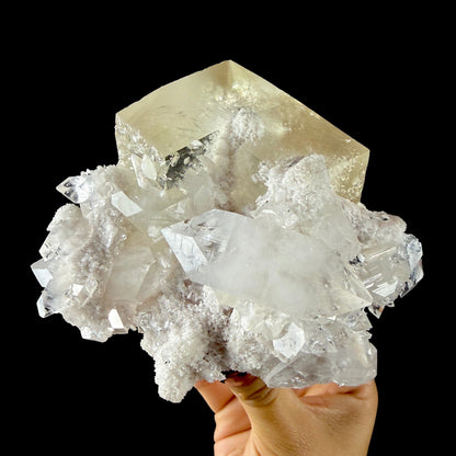 Calcite Cluster with Fluorapophyllite on Shimmering Chalcedony Matrix – Rare Indian Mineral Specimen from Jalgaon DKT130 Calcite Superb Minerals 