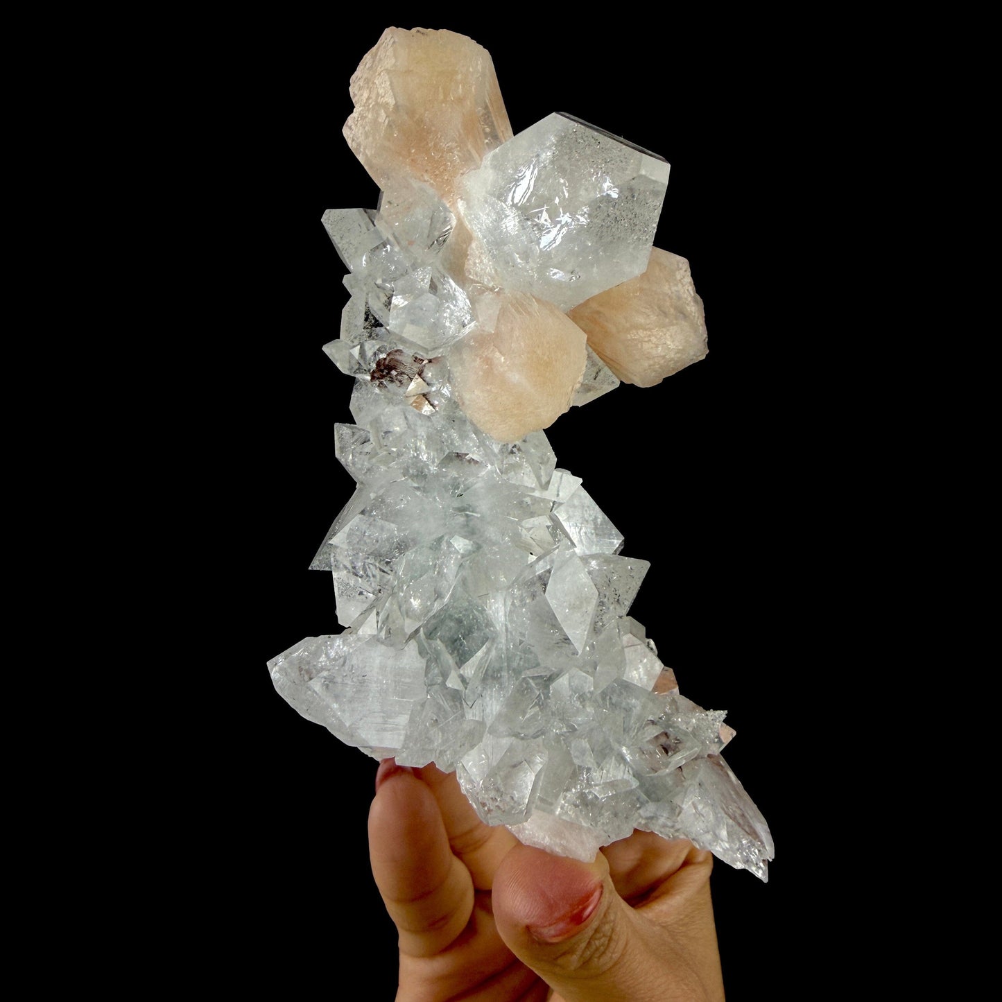 Clear Apophyllite Pyramid Cluster with Stilbite – Zeolite Mineral from Jalgaon,India # DKT108 Apophyllite Superb Minerals 