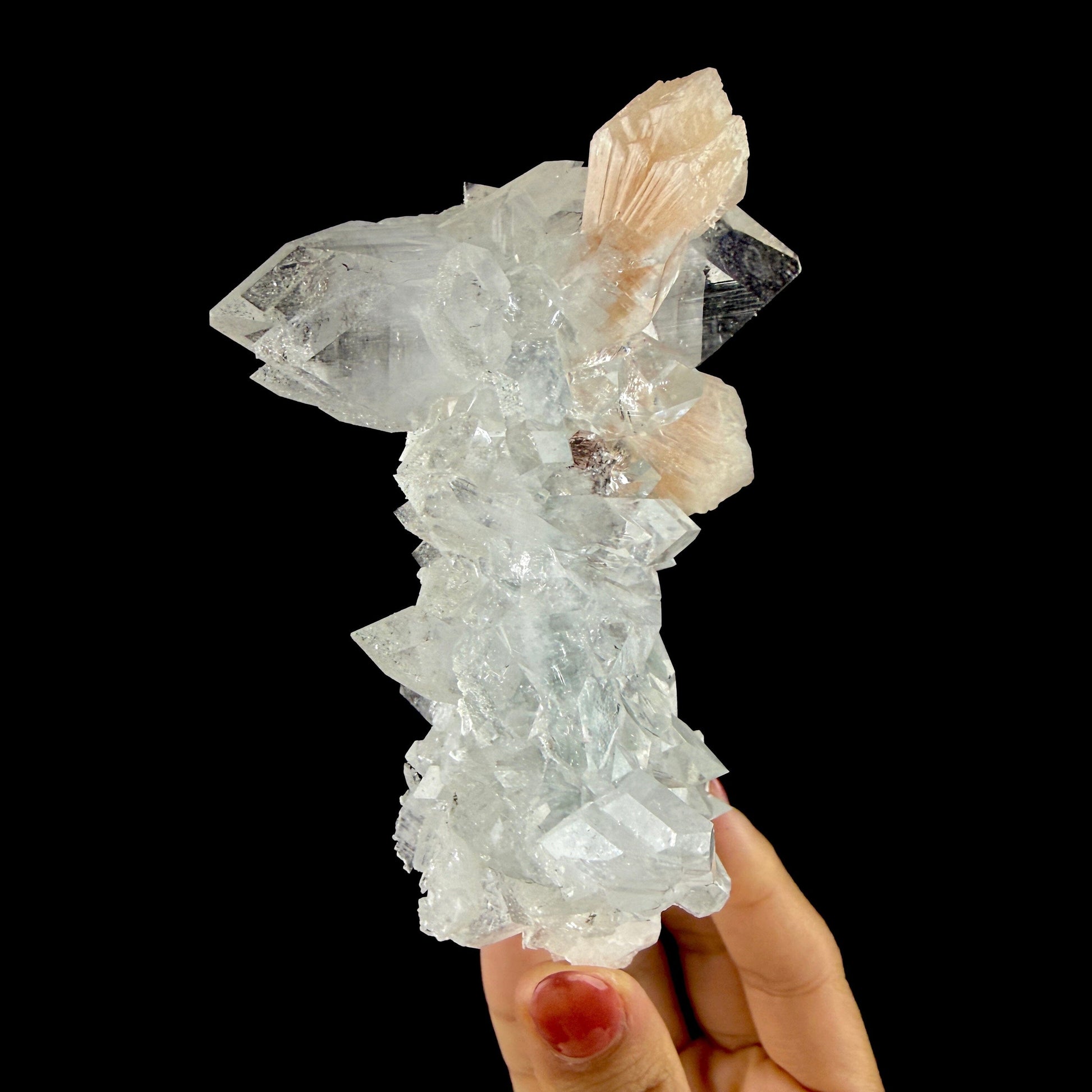 Clear Apophyllite Pyramid Cluster with Stilbite – Zeolite Mineral from Jalgaon,India # DKT108 Apophyllite Superb Minerals 