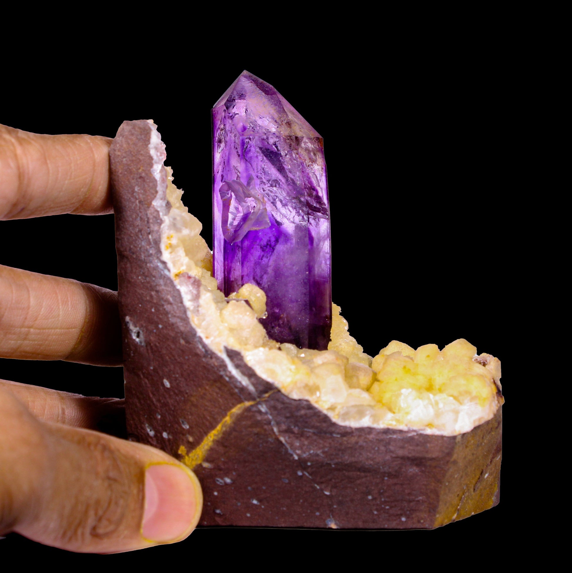 Collector Grade - Rare Enhydro Amethyst with Yellow Calcite on Matrix – Natural Moving Water Bubble Inside Amethyst Specimen # B 7169 Amethyst Superb Minerals 