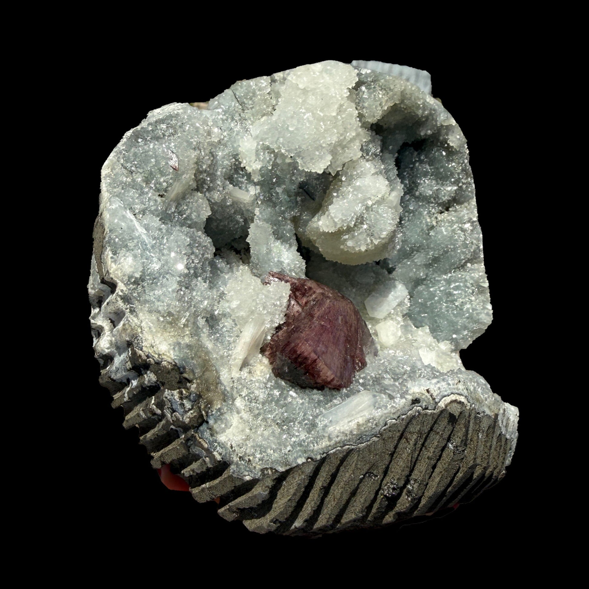 Deep Red Heulandite & Stilbite in Sparkling Chalcedony Geode – Indian Zeolite Mineral from Jalgaon # B DKT107 Heulandite Superb Minerals 