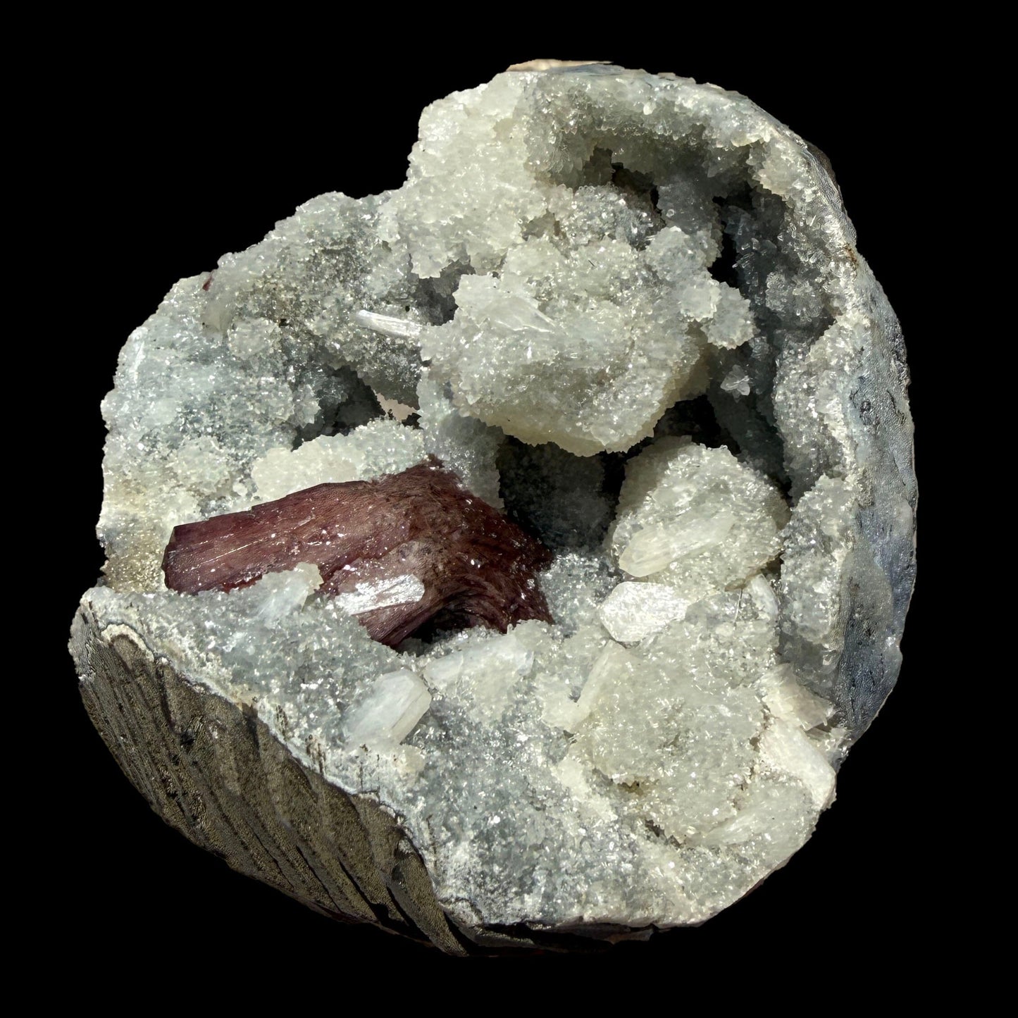 Deep Red Heulandite & Stilbite in Sparkling Chalcedony Geode – Indian Zeolite Mineral from Jalgaon # B DKT107 Heulandite Superb Minerals 
