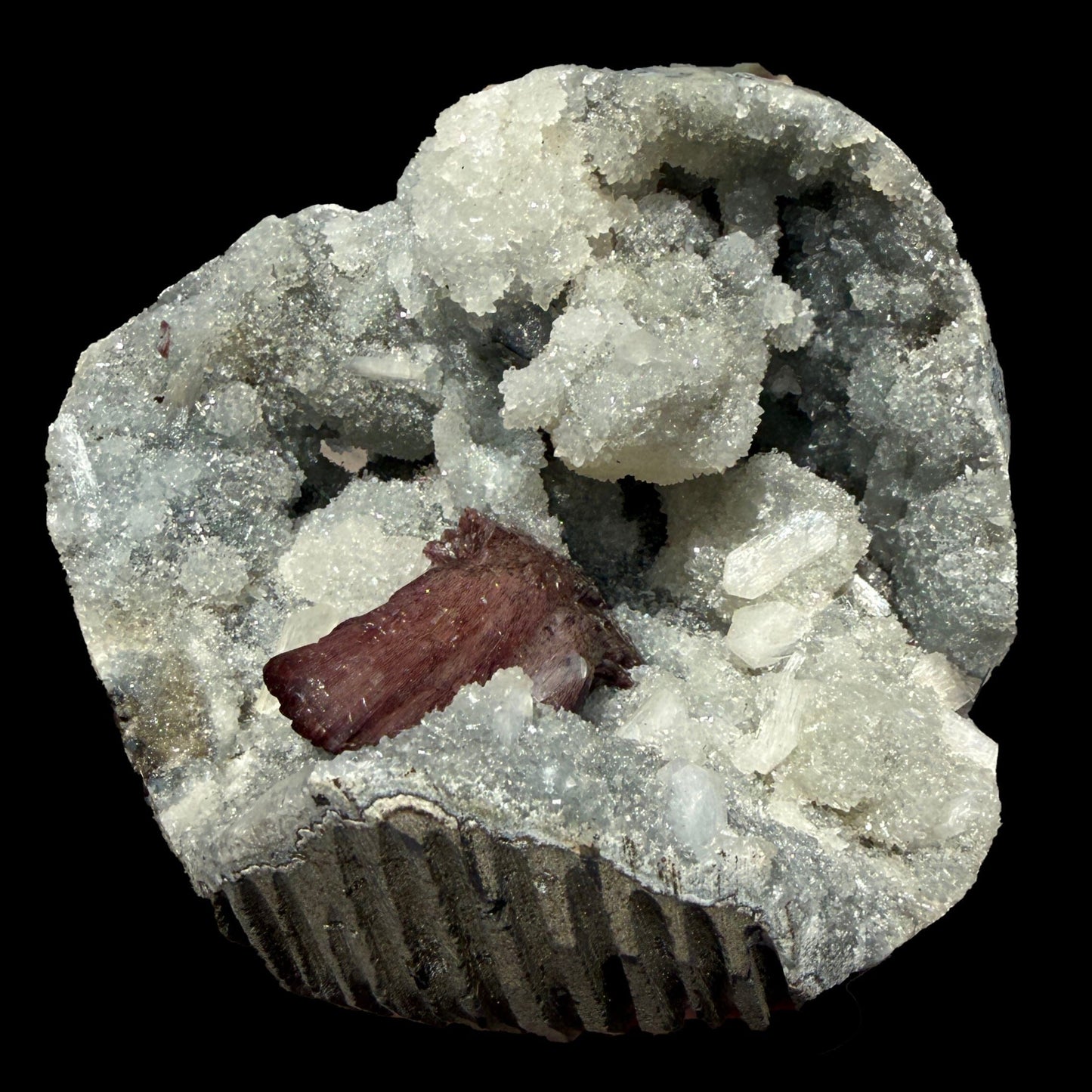 Deep Red Heulandite & Stilbite in Sparkling Chalcedony Geode – Indian Zeolite Mineral from Jalgaon # B DKT107 Heulandite Superb Minerals 