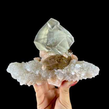 Dual-Generation Golden & Amber Calcite Perched on Peach Stilbite & Sparkling Chalcedony Matrix - Collector’s Cabinet Specimen from Jalgaon, India # DKT187 Calcite Superb Minerals 