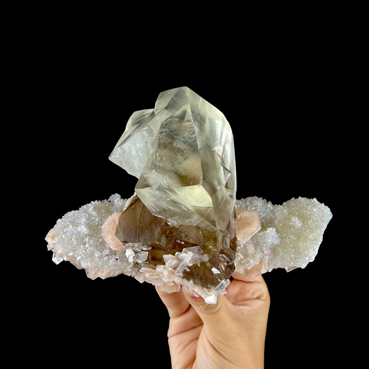 Dual-Generation Golden & Amber Calcite Perched on Peach Stilbite & Sparkling Chalcedony Matrix - Collector’s Cabinet Specimen from Jalgaon, India # DKT187 Calcite Superb Minerals 