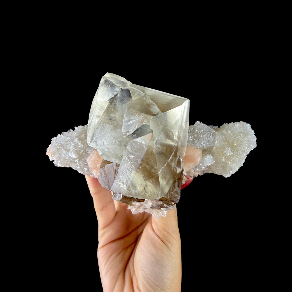 Dual-Generation Golden & Amber Calcite Perched on Peach Stilbite & Sparkling Chalcedony Matrix - Collector’s Cabinet Specimen from Jalgaon, India # DKT187 Calcite Superb Minerals 