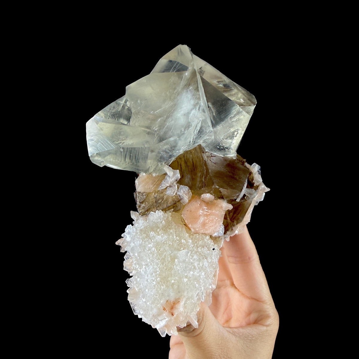 Dual-Generation Golden & Amber Calcite Perched on Peach Stilbite & Sparkling Chalcedony Matrix - Collector’s Cabinet Specimen from Jalgaon, India # DKT187 Calcite Superb Minerals 