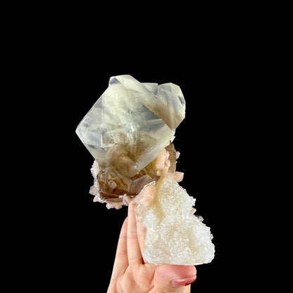 Dual-Generation Golden & Amber Calcite Perched on Peach Stilbite & Sparkling Chalcedony Matrix - Collector’s Cabinet Specimen from Jalgaon, India # DKT187 Calcite Superb Minerals 